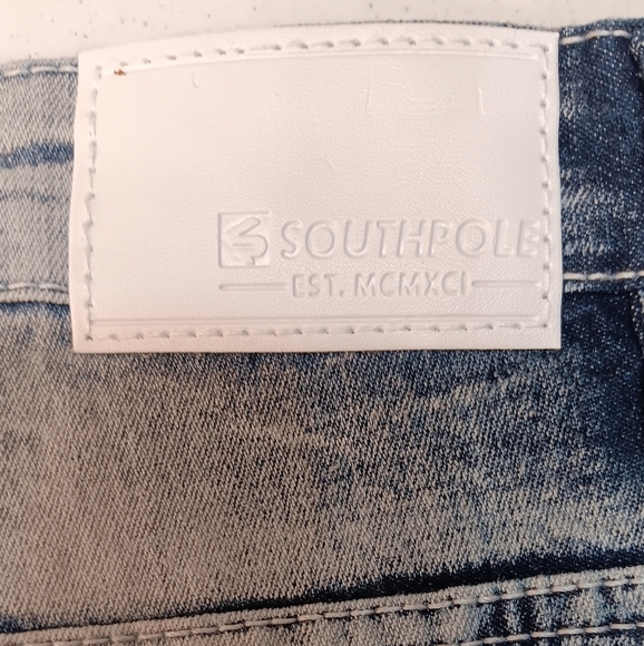 Y2K South Pole Biker Jeans Mid Rise Skinny Distressed Blue 40x34 Stripes & Paint - Picture 5 of 13